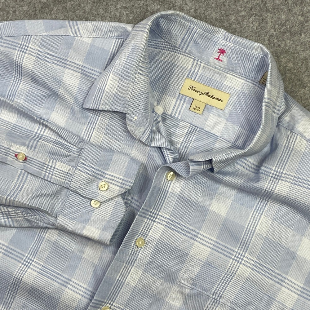 Tommy Bahama Mens Button Down Shirt 16.5 36-37 Light Blue and White Plaid Long
